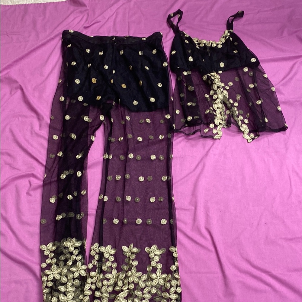 Sheer Black and Gold Floral Two-Piece Set